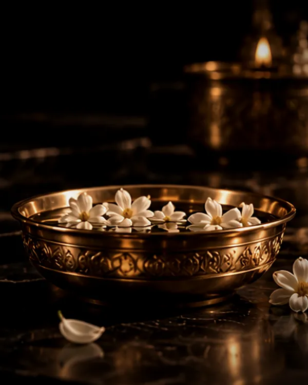 Brass urli bowl with jasmine flowers