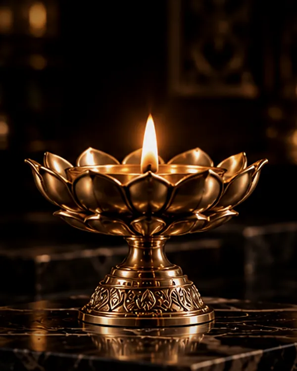 Lotus-shaped brass deepa, lit
