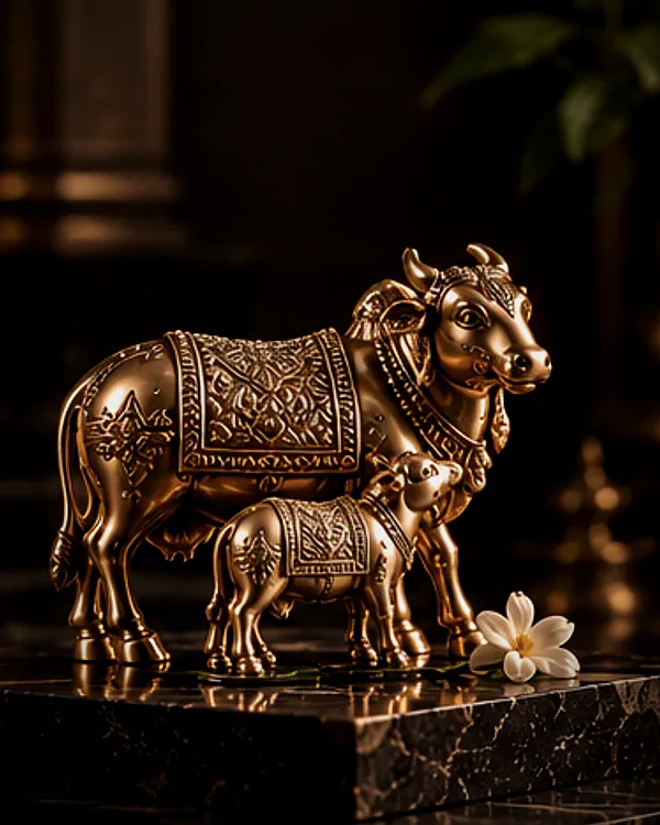 Brass Kamadhenu cow and calf idol