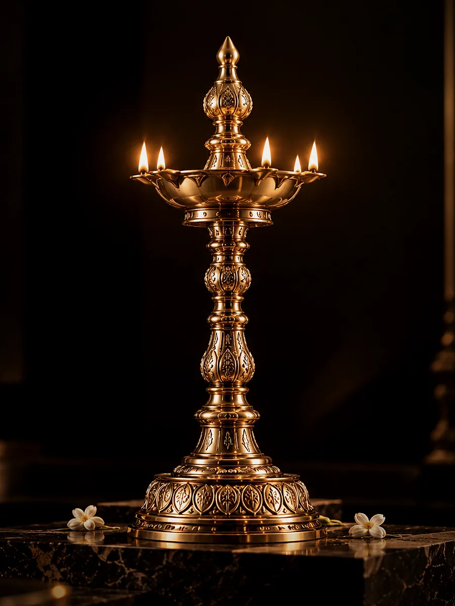 Five-wick brass kuthuvilakku, lit, on black marble