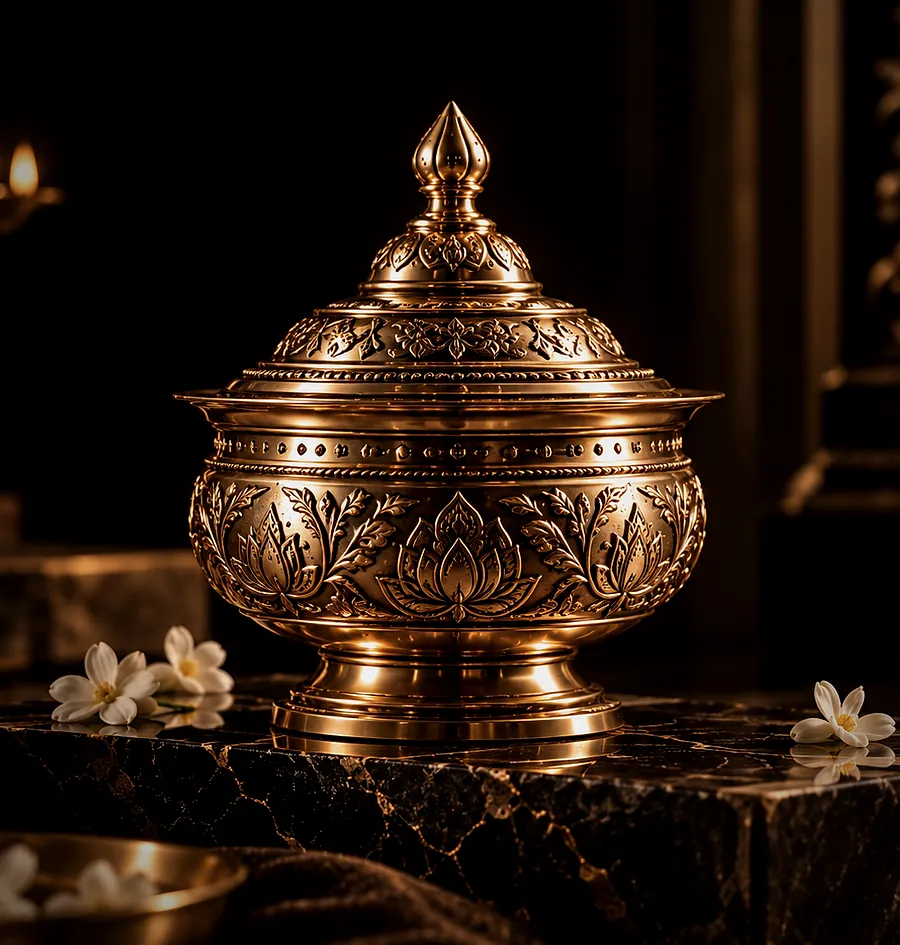 Hand-engraved brass vessel with a lotus pattern